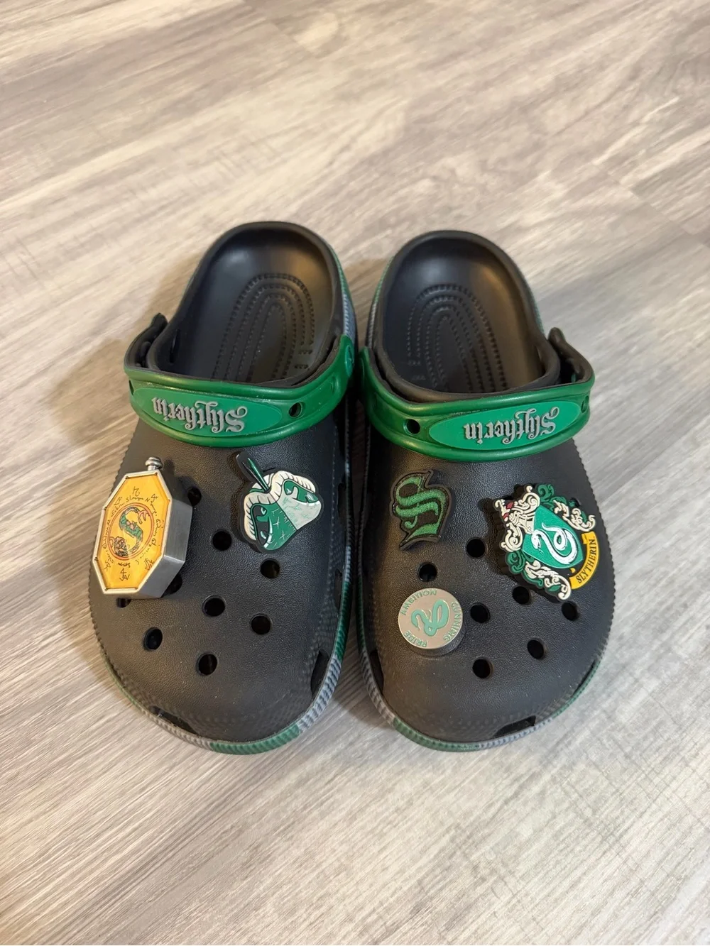 Adult Small (kids) Black and Green Croc Clog Shoes with Hogwarts Slytherin Charm